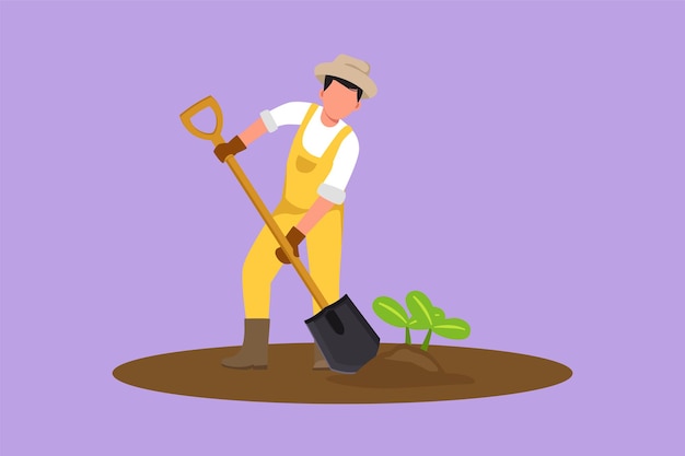 Cartoon flat style drawing young male farmer shoveled the soil with the plants using shovel Farming challenge at rural or countryside Planting new plants concept Graphic design vector illustration