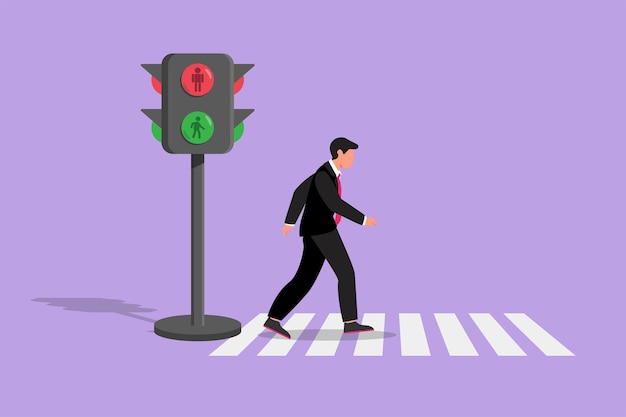 Cartoon flat style drawing young male worker crosses the road on the zebra crossing after returning from work There39s a traffic light to regulate traffic roadway Graphic design vector illustration