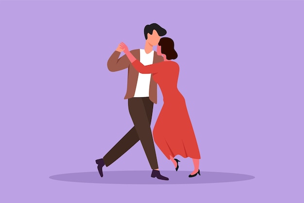 Cartoon flat style drawing young man and woman performing dance at school studio party Male and female characters dancing tango at Milonga Happy couple dancing Graphic design vector illustration