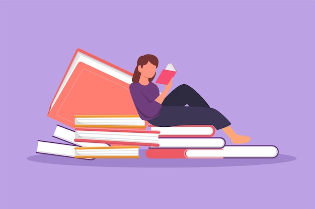 Cartoon flat style drawing of young woman reading learning and sitting on pile of big books Study in library Literature lovers smart student education concept Graphic design vector illustration