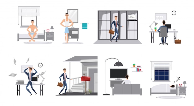  cartoon flat style of man day in life, office work or work from home. Day routine infographic.