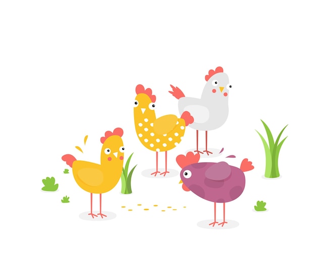 Cartoon flat vector chicken funny set