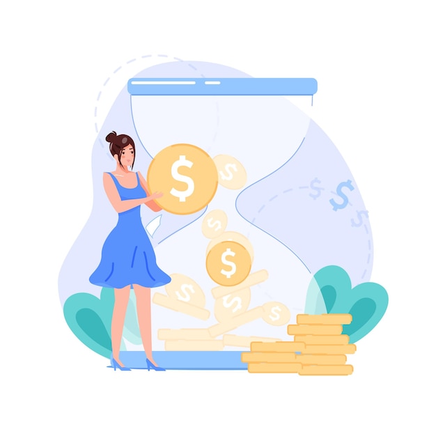 cartoon flat woman character present symbol of income on hourglass background.