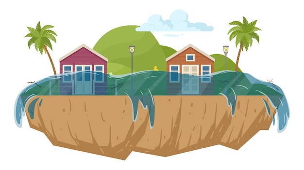 Cartoon flood natural disaster Huge ocean waves environmental damage natural cataclysm and extreme weather flooded houses flat vector illustration on white background