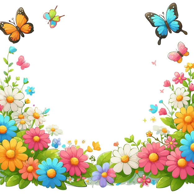 Cartoon Flower Corner Border with cute butterflies flitting