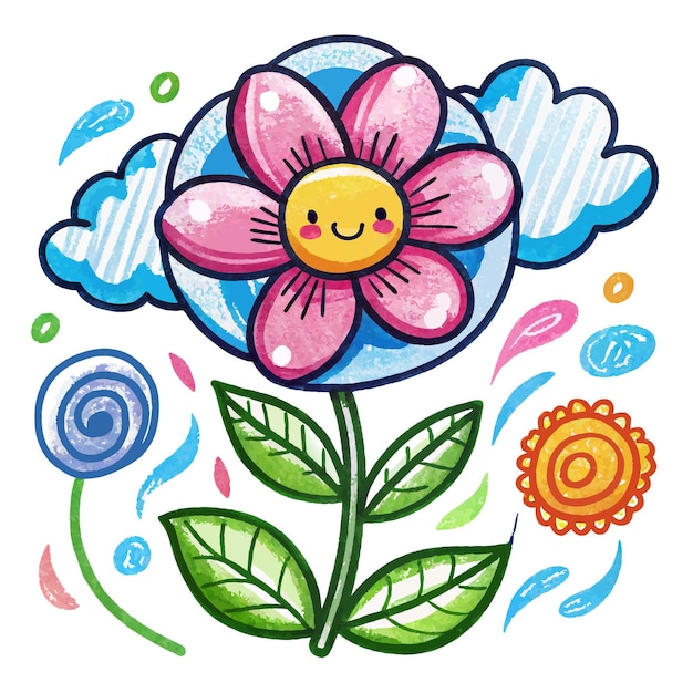 Vector cartoon flower with a smiley face surrounded by blue clouds and abstract shapes