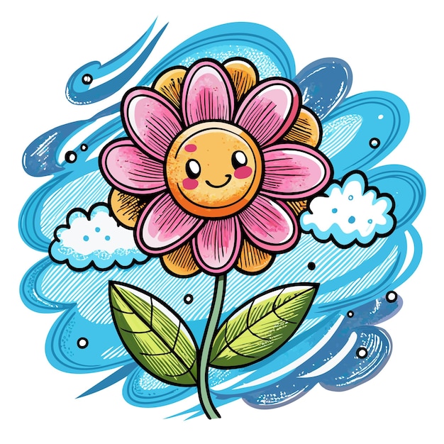 Vector cartoon flower with a smiling face pink petals yellow center green leaves and a blue sky with white clouds behind it