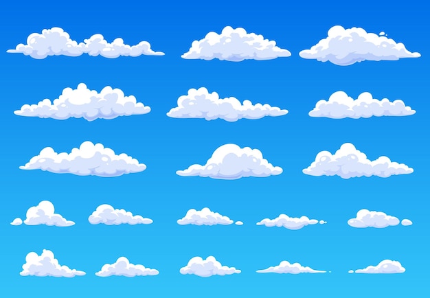 Cartoon fluffy clouds in blue sky. Fluffy isolated vector clouds in heaven summer cloudscape. Summer clouds or cloudy sky, nature weather air in abstract shape clouds of bright day