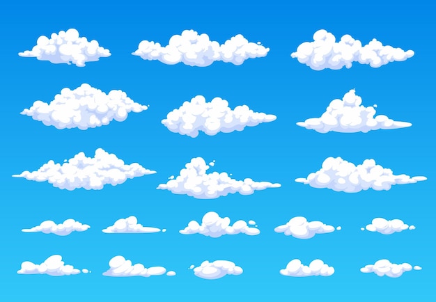 Cartoon fluffy white clouds in blue sky cloudspace