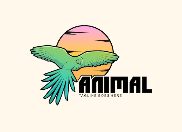 Cartoon flying bird logo on sunset background