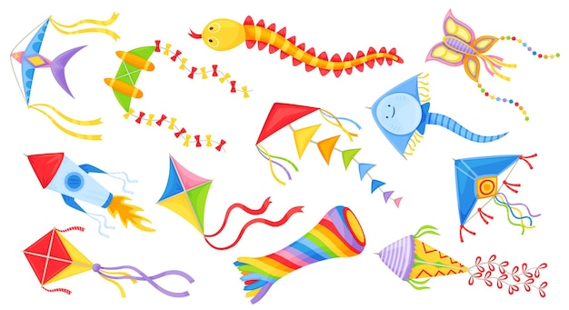 Cartoon flying kites in various shapes colorful kids wind toys Butterfly diamond kite for festival outdoor summer activity vector set