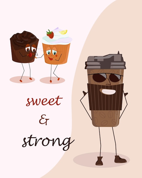 Cartoon food for a coffee break  sweet cakes and strong coffee cute characters