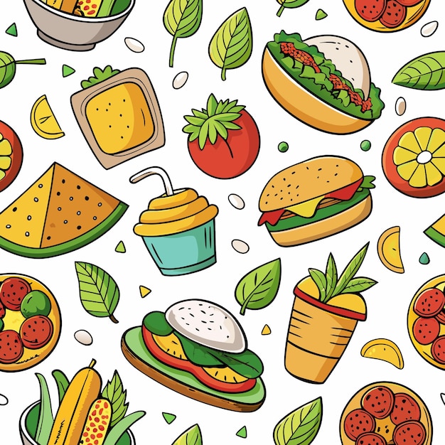 Vector cartoon food seamless pattern with pizza burger sandwich watermelon and juice