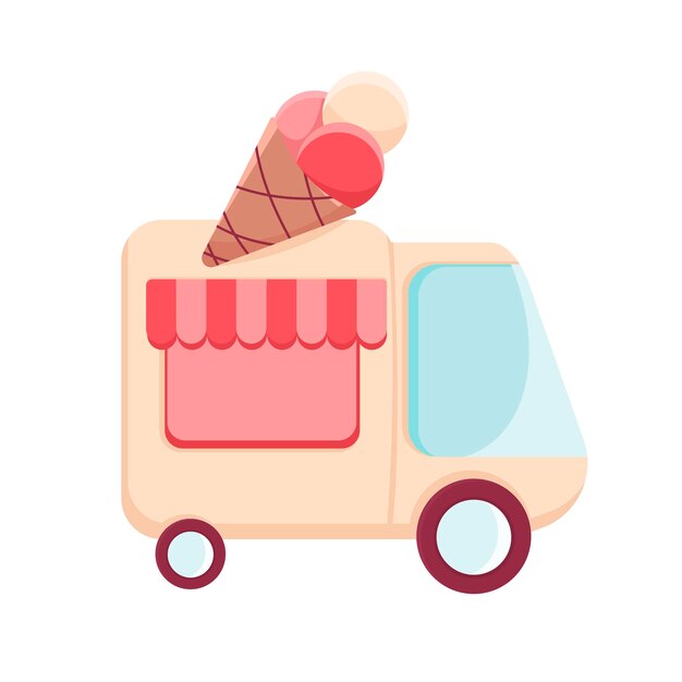 Vector cartoon food truck with ice cream street food van flat illustration in vector fast food delivery