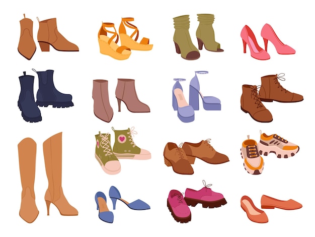 Cartoon footwear modern shoes boots sneakers and clogs vector symbols illustrations set