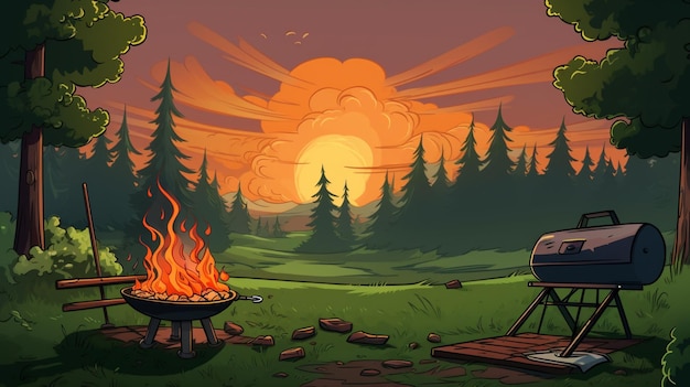 a cartoon of a forest fire with a sunset in the background