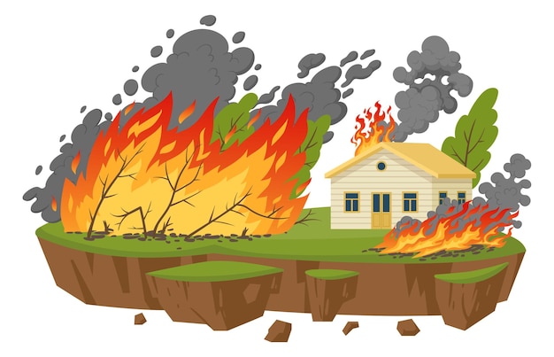 Cartoon forest fires natural disaster Fire damage catastrophe environmental cataclysms disaster flat vector illustration isolated on white backgroun