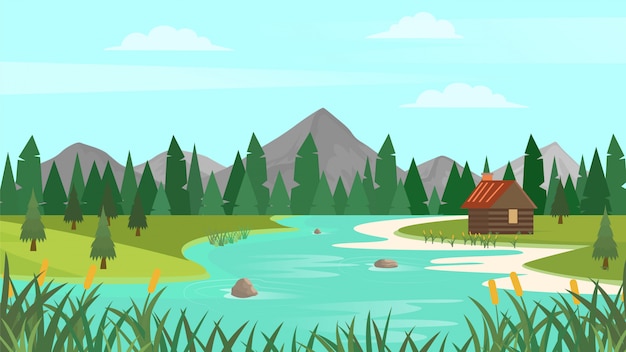 Cartoon forest landscape with mountains, river and fir-trees. Sunset or sunrise scenery background.