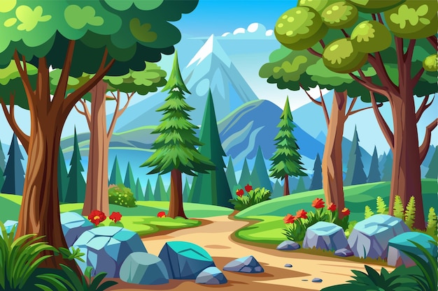 Vector cartoon of the forest scene with many trees cartoon vector background 26