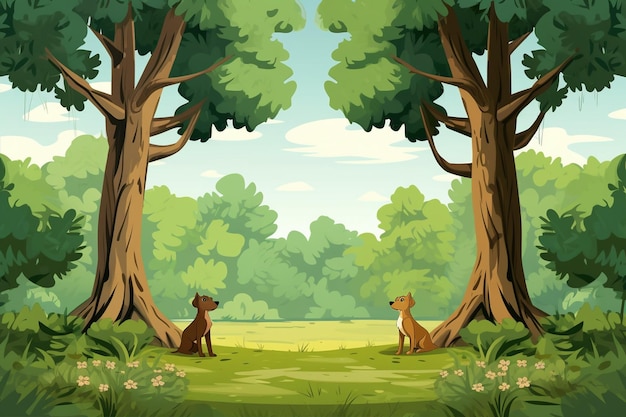 Vector cartoon forest scene with two trees