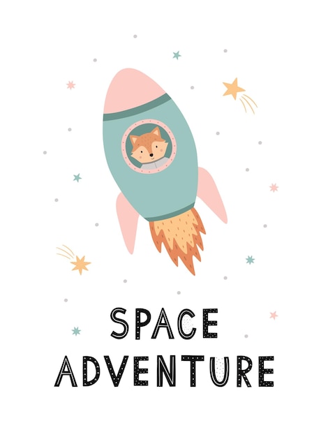 Cartoon fox is flying in a rocket. Cute children's postcard with lettering Space Adventure