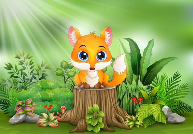 Cartoon a fox sitting on tree stump with green plants