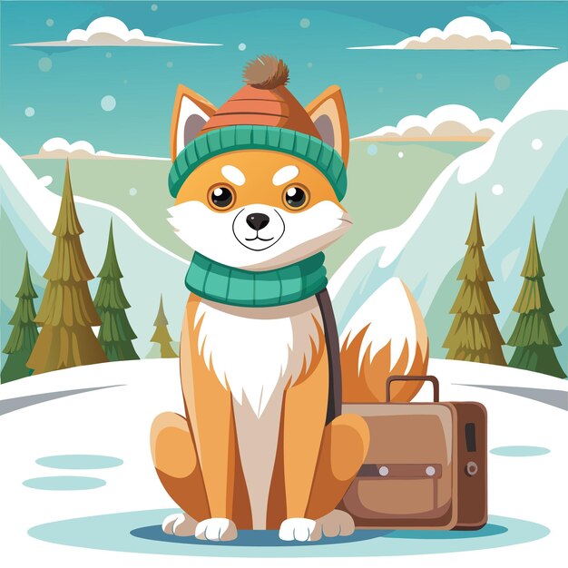 Vector a cartoon fox wearing a hat and scarf sitting in the snow with a suitcase