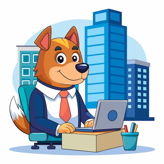 a cartoon of a fox with a laptop and a cup of coffee