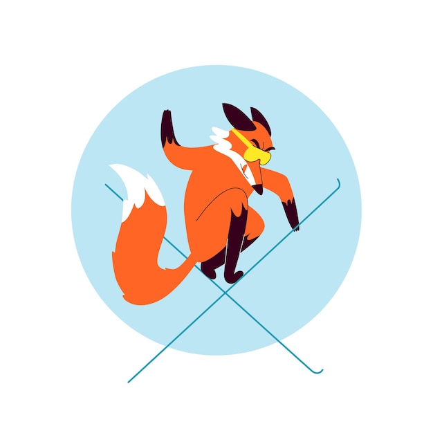 Cartoon fox in yellow ski goggles on skis. Extreme ski jump in freestyle.