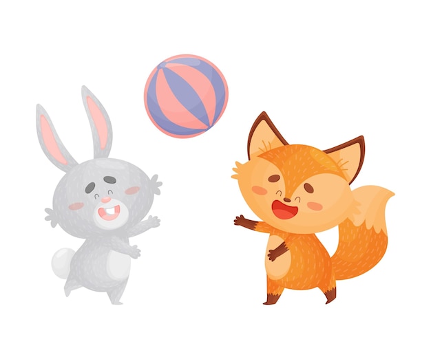 Cartoon foxes and a hare play with a striped ball Vector illustration on a white background