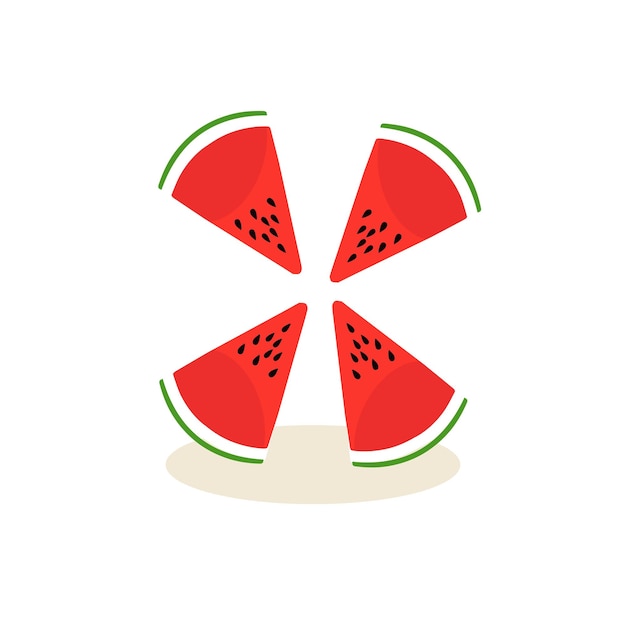 Cartoon fresh green open watermelon half slices and triangles Red watermelon piece with bite