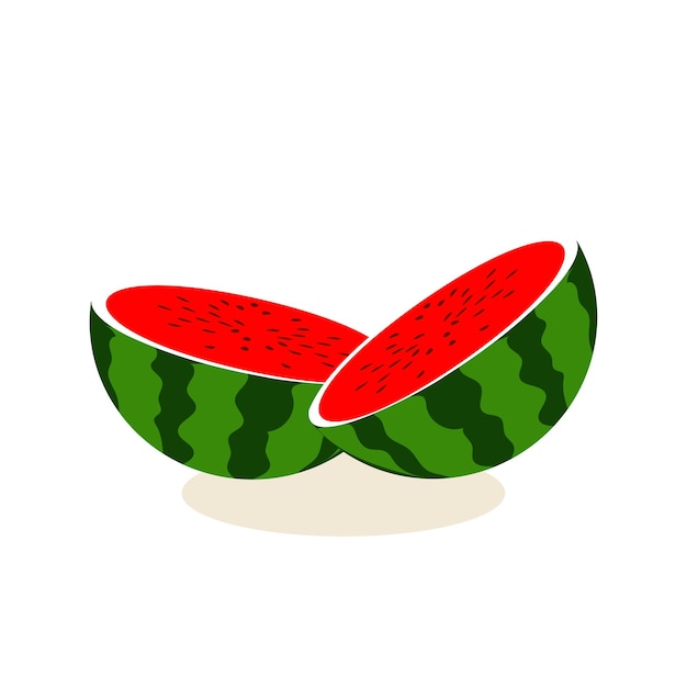 Cartoon fresh green open watermelon half slices and triangles Red watermelon piece with bite