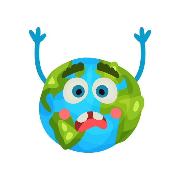 Cartoon frightened Earth planet emoji raising hands,, humanized globe character with emotions colorful vector Illustration on a white background