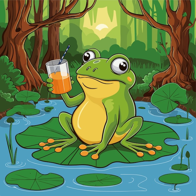 Vector a cartoon of a frog drinking a glass of orange juice