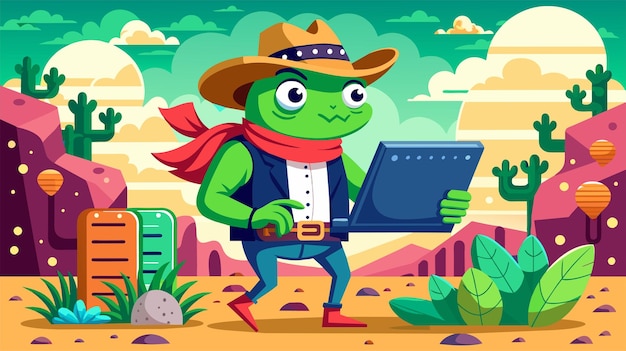 Cartoon frog explorer in western desert holding map illustration