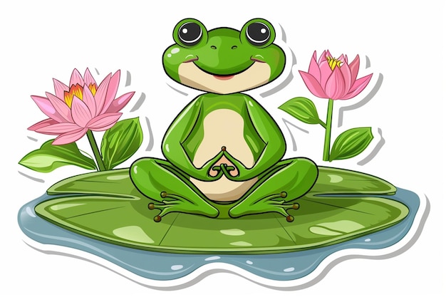 Vector cartoon frog meditating on lily pad