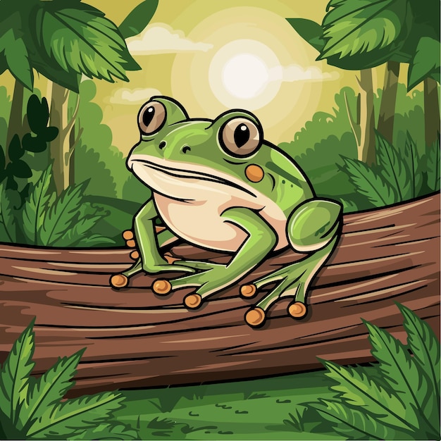 Vector a cartoon frog sits on a log with the sun behind him