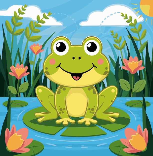 Vector a cartoon of a frog sitting on a pond with flowers and a sky background