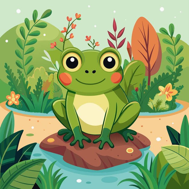 Vector a cartoon of a frog sitting on a rock in a garden