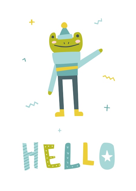 Cartoon frog in sweater and hat say hello.