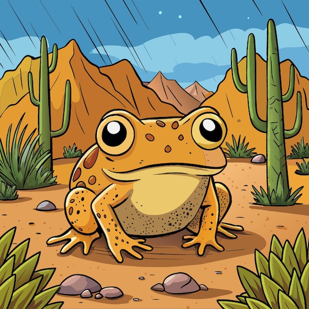 a cartoon of a frog with a desert landscape in the background