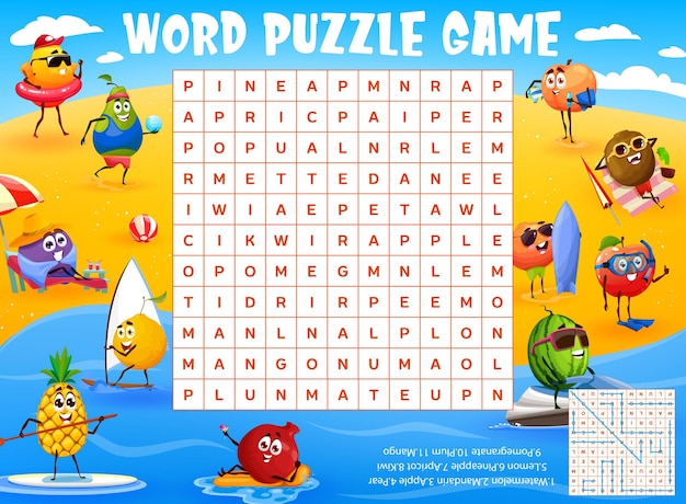 Cartoon fruit on beach vacation word search puzzle