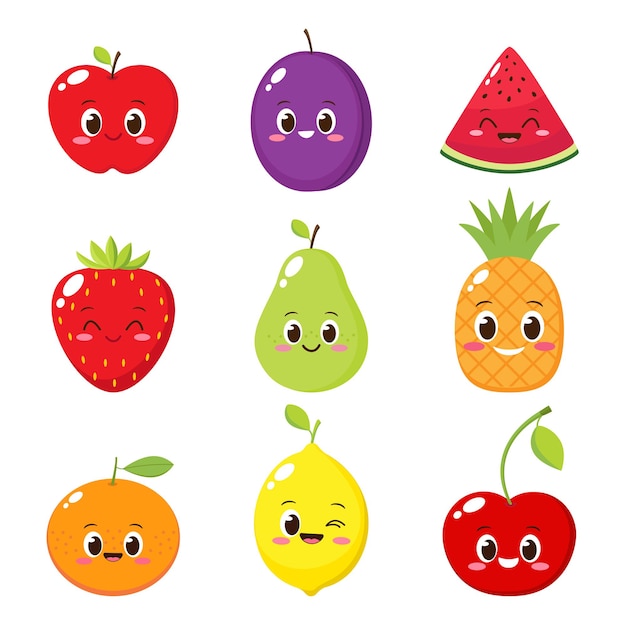 Cartoon fruit and berry characters set. Apple, strawberry, watermelon, cherry, lemon, pineapple, orange, plum,pear emoji vector illustration