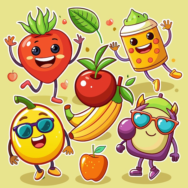 Vector cartoon fruit characters with sunglasses banana apple and smoothie