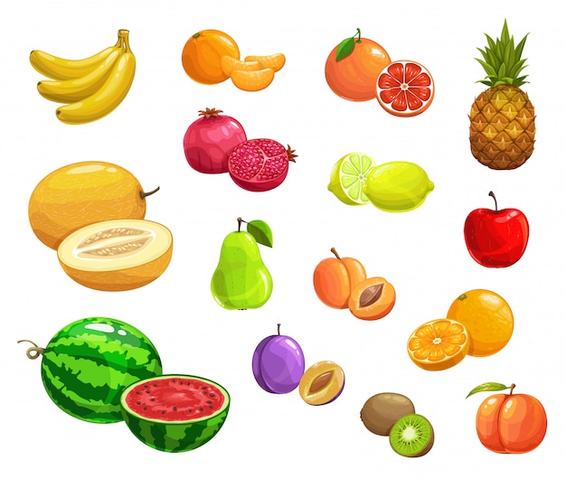 Cartoon fruit  natural ripe fresh food icons