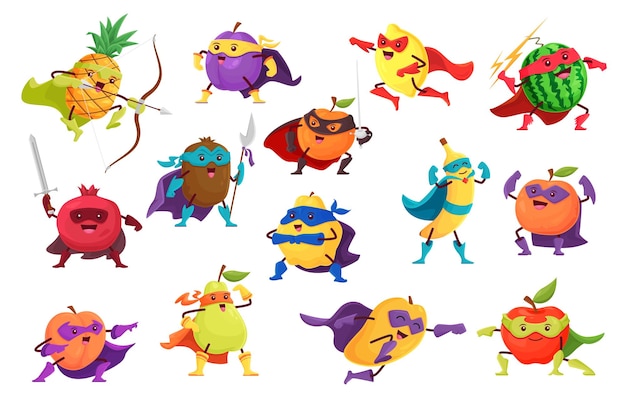 Cartoon fruit superhero and defender characters Vector farm berry food super hero personages in costumes and capes Funny banana lemon apple and peach plum watermelon and pineapple superheroes