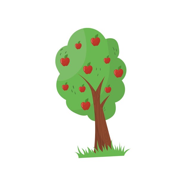 Cartoon fruit tree with ripe red apples Organic farm product Agricultural plant Gardening concept Natural and healthy food Colorful flat vector icon