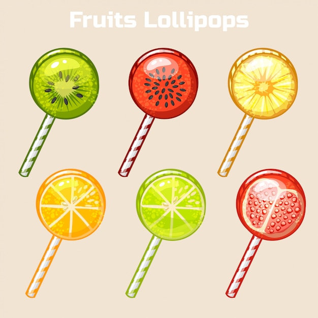 Cartoon fruits candy, lollipops