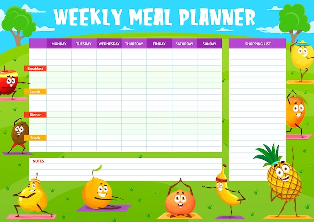 Cartoon fruits characters on yoga weekly meal planner schedule and shopping check list vector template Week food plan diet menu organizer and notes with funny red apple mango orange and banana