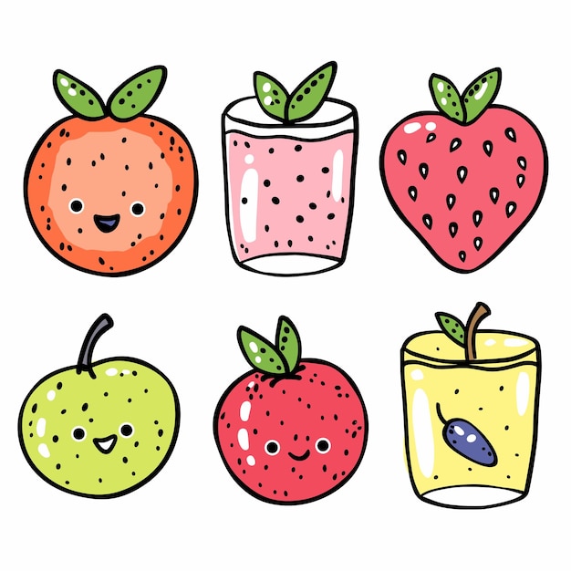 Cartoon fruits smiling anthropomorphic apple strawberry smoothie glass orange lemon happy faces